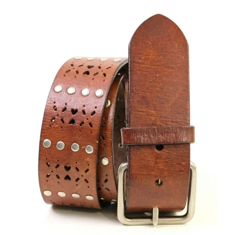Calvin Klein BROWN REAL LEATHER 1 3/4"Wd STUD CUT OUT CASUAL WOMEN'S BELT L (F10